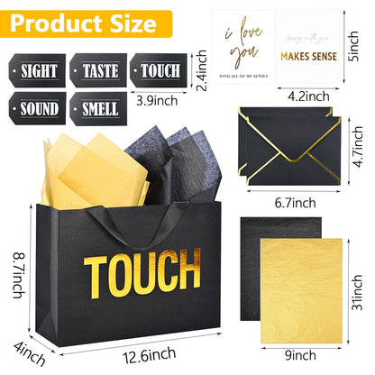 Large 5 Senses Gift Bags for Him with Labels, Envelopes and Cards,Gold Foil Five Senses Gift Bag for Her with Handles & Tissue Paper for Valentine's Day, Birthday, Wedding, Anniversary 12.6"X8.7"X4"