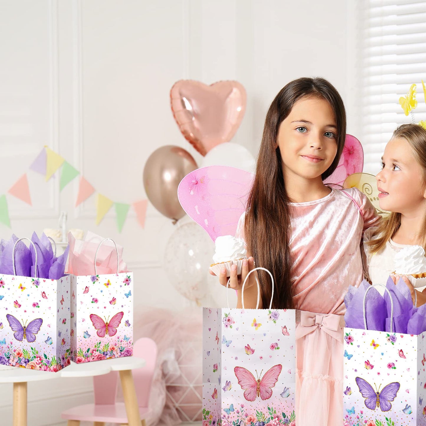 16 Pack Butterfly Goodie Bags with Handles - Sydney Paper Pink Purple Birthday Present Bags for Kids Baby Shower Party Decorations