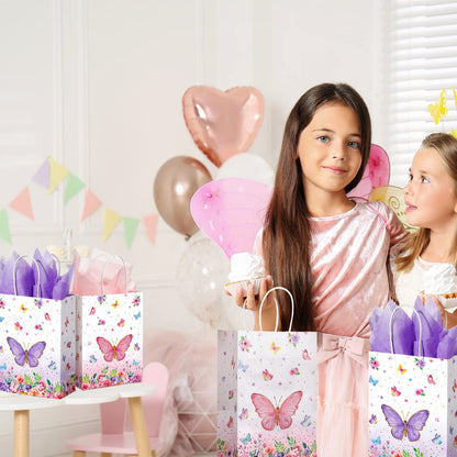 16 Pack Butterfly Goodie Bags with Handles - Sydney Paper Pink Purple Birthday Present Bags for Kids Baby Shower Party Decorations