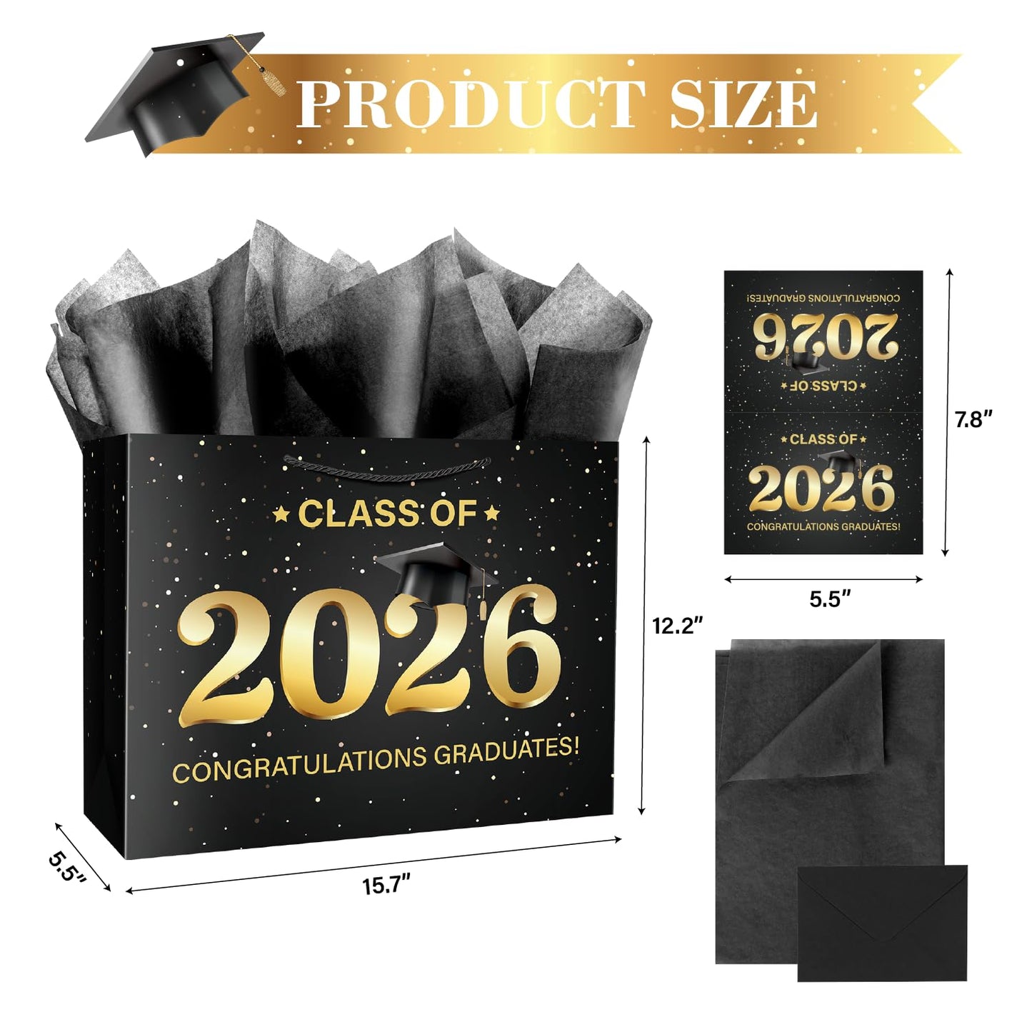 Linelglobal 2026 Graduation Gift Bag with Tissue Paper Large Congrat Grad 15.7" Black