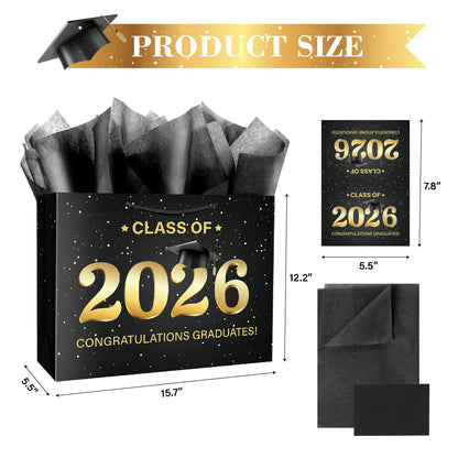 Linelglobal 2026 Graduation Gift Bag with Tissue Paper Large Congrat Grad 15.7" Black