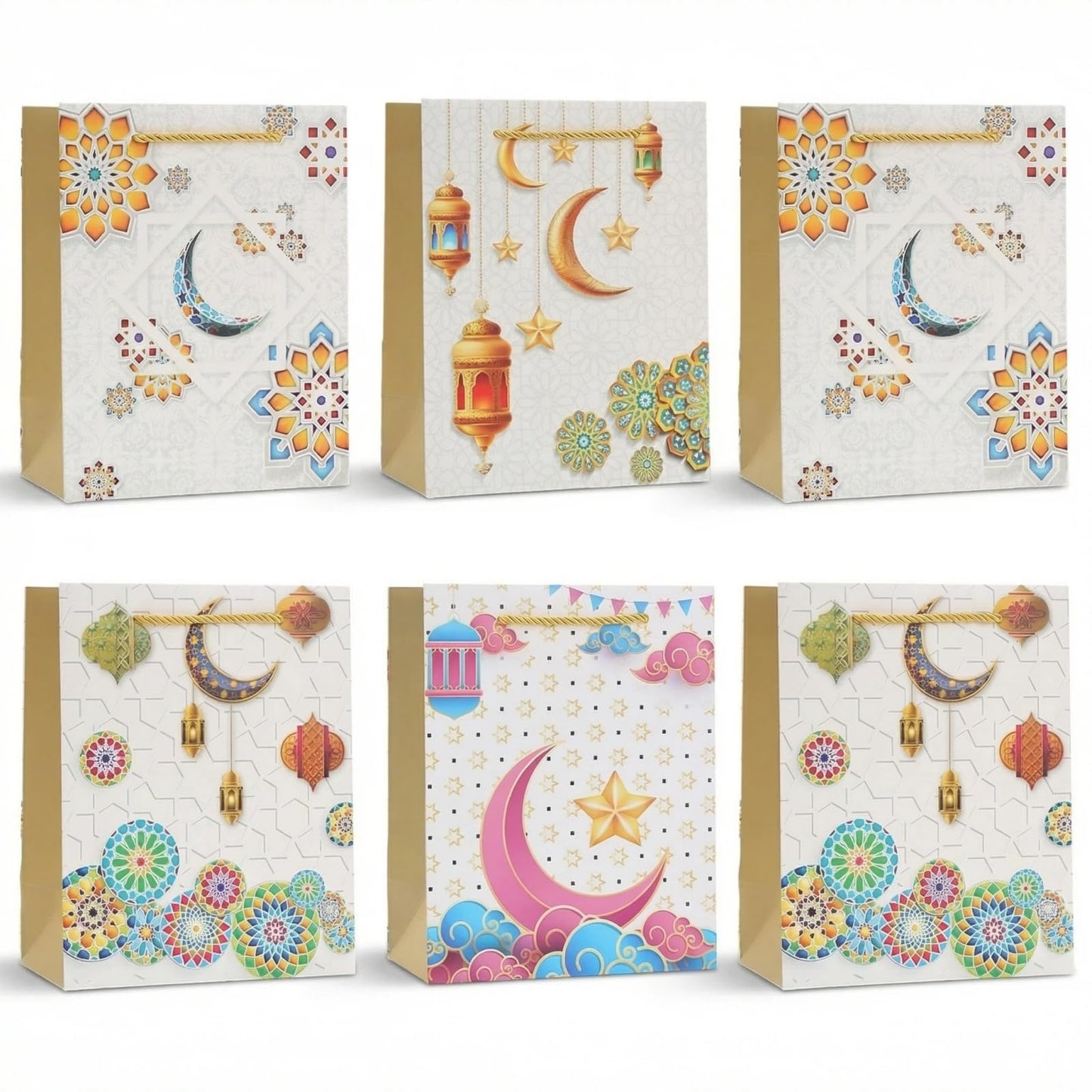 YVAINE 12pcs Ramadan Mubarak Gift Bags with Handles - Reusable Kraft Paper Treat Bags 8.3x5.9x3.1 Inches, 4 Assorted Islamic Designs with Stars, Moon, Mosque & Lanterns for Eid Mubarak Party Supplies, Gift