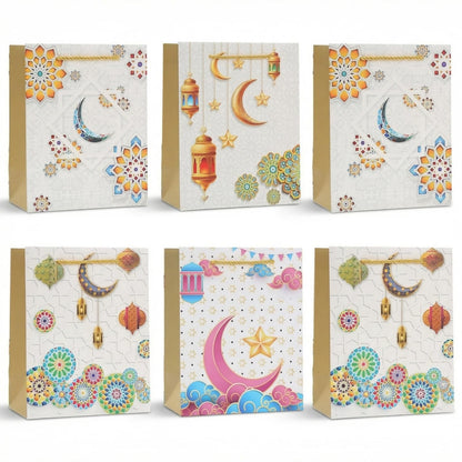 YVAINE 12pcs Ramadan Mubarak Gift Bags with Handles - Reusable Kraft Paper Treat Bags 8.3x5.9x3.1 Inches, 4 Assorted Islamic Designs with Stars, Moon, Mosque & Lanterns for Eid Mubarak Party Supplies, Gift