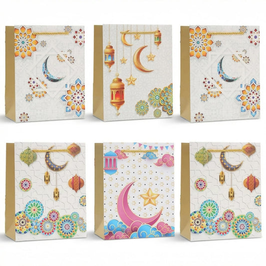 YVAINE 12pcs Ramadan Mubarak Gift Bags with Handles - Reusable Kraft Paper Treat Bags 8.3x5.9x3.1 Inches, 4 Assorted Islamic Designs with Stars, Moon, Mosque & Lanterns for Eid Mubarak Party Supplies, Gift