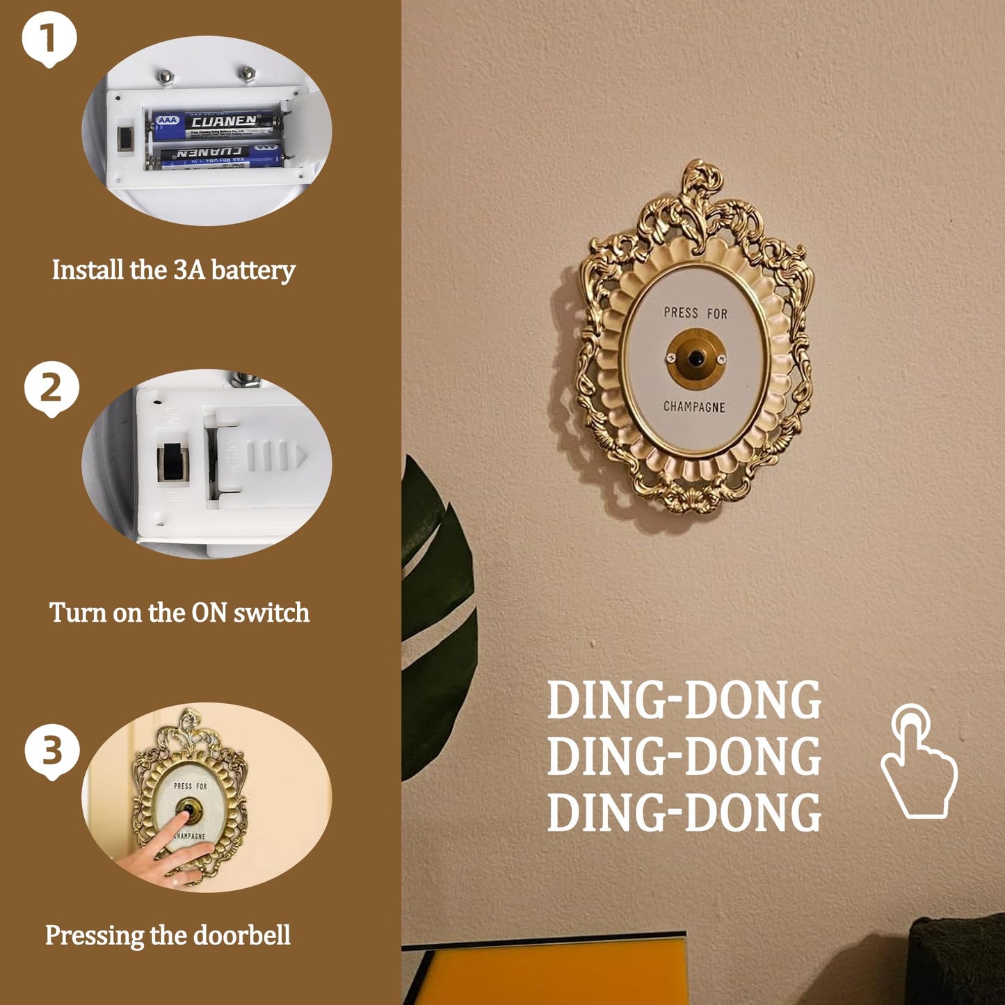 Press for Champagne Button - Door Ring Bell - Champagne Themed Decor, Wall Plaque Ornament Gift for Party, Christmas, Home, Bedroom, Hotel