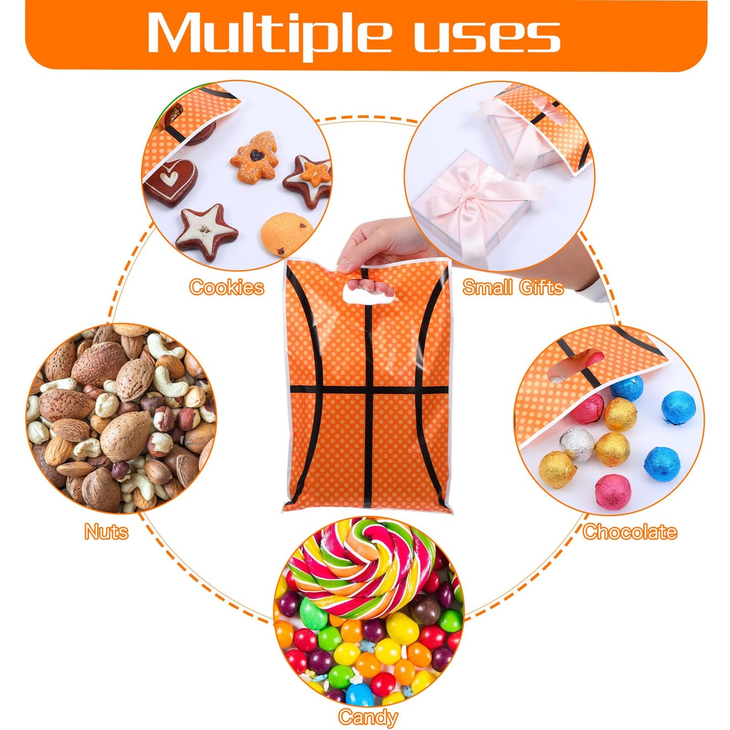DOPENSPI 50PCS Basketball Gift Bags with Handle, 9.8x6.7in Plastic Basketball Goodie Bags Basketballs Party Favor Bag Basketballs Themed Parties Supplies for Birthday Sport Theme Party Decorations