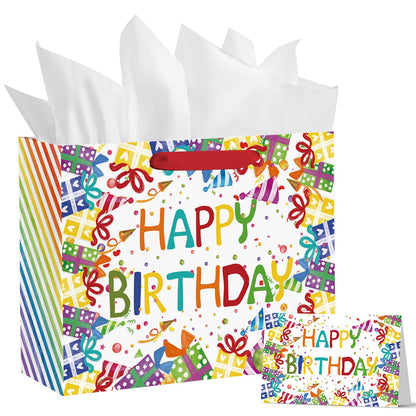 Horaldaily 13" Large Birthday Gift Paper Bags with Tissue Paper and Card, Happy Birthday Ballons Gift Paper Bag for Men Women Kids Birthday,1Pcs