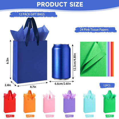 Ethhqu 12-Pack Small Gift Bags with Handles - Includes 24 Tissue Papers, 6.3x4.7x2.4 Inches Mini Gift Card Bag for Birthday Party, Baby Shower, Wedding, Holiday