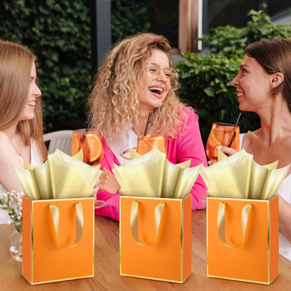 Yeaqee 24 Pack Metallic Paper Gift Bags with Handle and Tissue 9x7x3.1 Gold Foil Welcome Thank You Favor Bags Return Gifts for Wedding Graduation Bridesmaid Groomsmen Birthday(Orange, Gold)