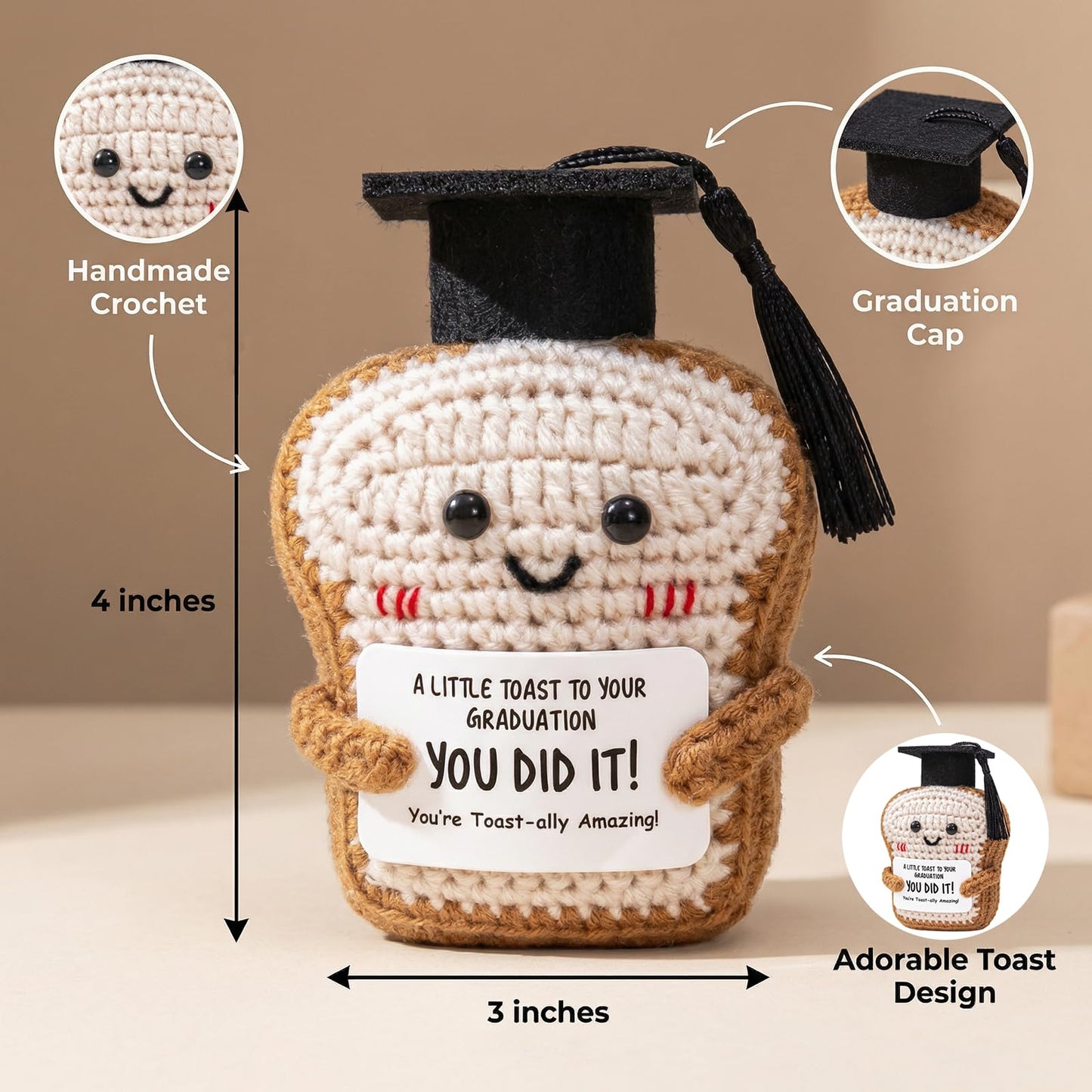Crisky Handmade Funny Graduation Gifts for Her or Him, Positive Crochet Toast with Little Graduation Card and Grad Caps - You are Totally Amazing - Grad Gifts for College University Masters Degree