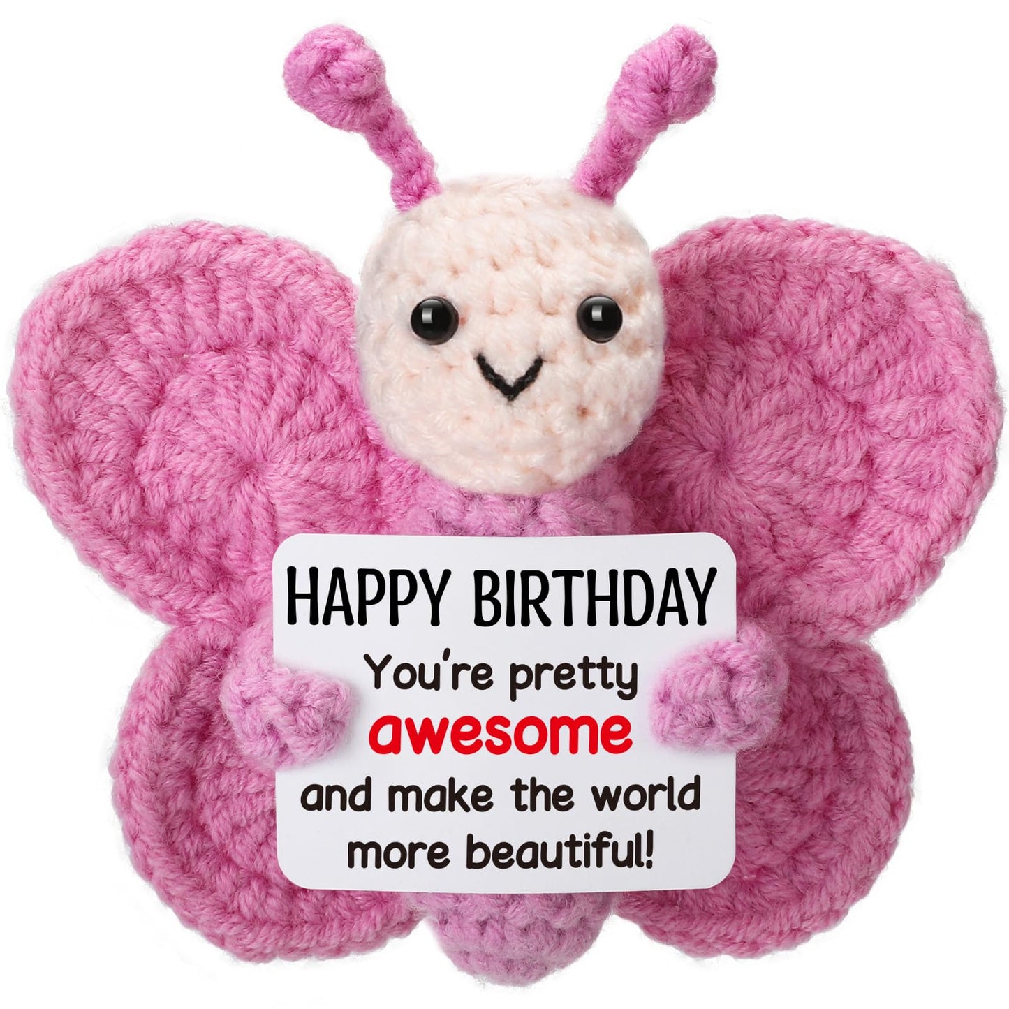 Pink Crochet Butterfly Birthday Gift for Her, Handmade 4" Amigurumi Plush with Positive Sign, Cute Desk Decor, Small Stuffed Butterfly