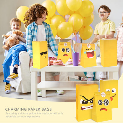 VGOODALL 24 Pack Funny Face Party Favor Bags with Stickers - 8.7"x4.7"x3.1" Yellow Expression Goodie Bags, Vibrant Cartoon Graphic for Kids Birthday, School Rewards & Gift Packaging