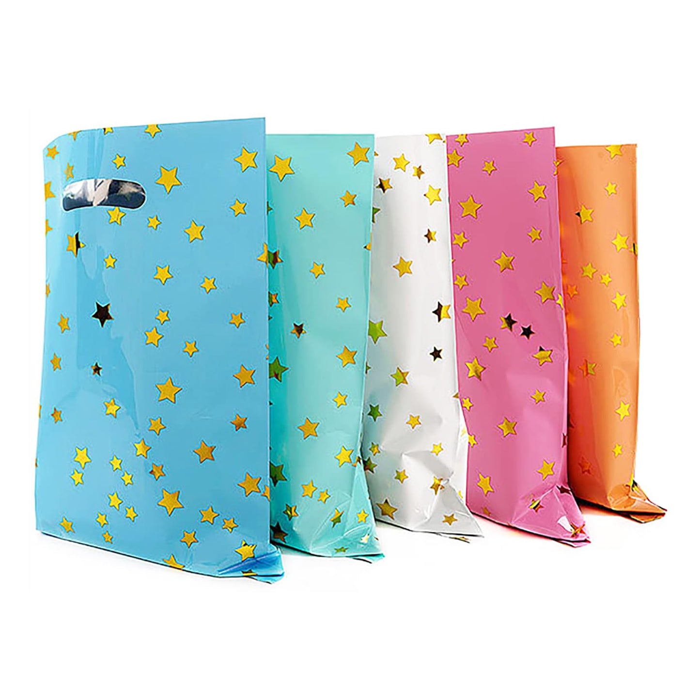 25 Party Favor Bags for Kids Birthdays, Goodie Candy Bags in 5 Colors with Star Pattern