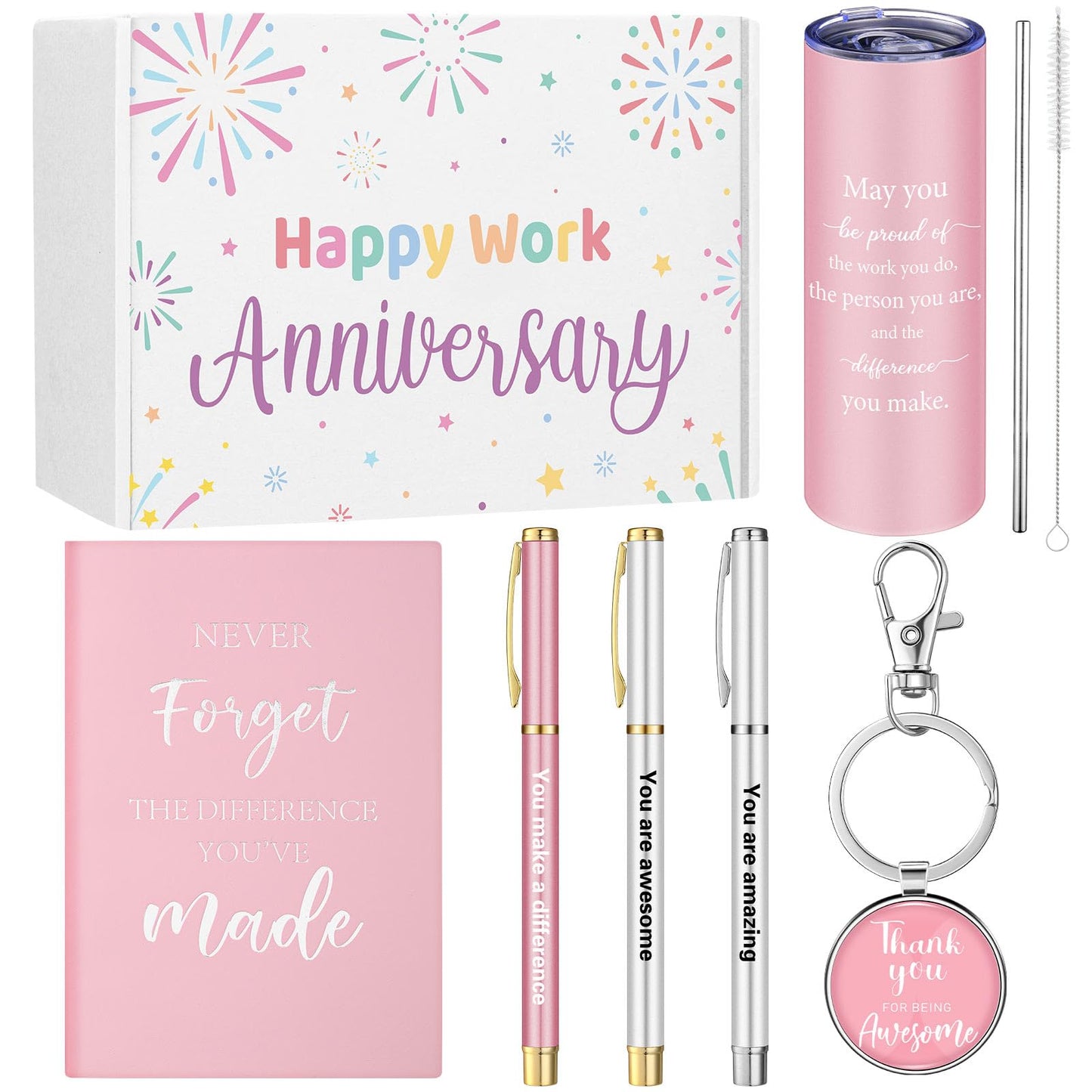 Geiserailie 7 Pcs Workiversary Gifts for Women Employee Appreciation Gift Thank You Gifts Workiversary Box Include 20oz Tumbler Notebook 3 Pens and Keychain for Office Coworker Employee(Pink)