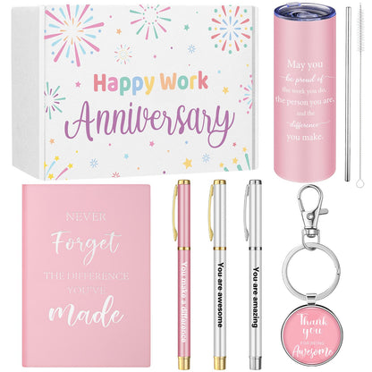 Geiserailie 7 Pcs Workiversary Gifts for Women Employee Appreciation Gift Thank You Gifts Workiversary Box Include 20oz Tumbler Notebook 3 Pens and Keychain for Office Coworker Employee(Pink)