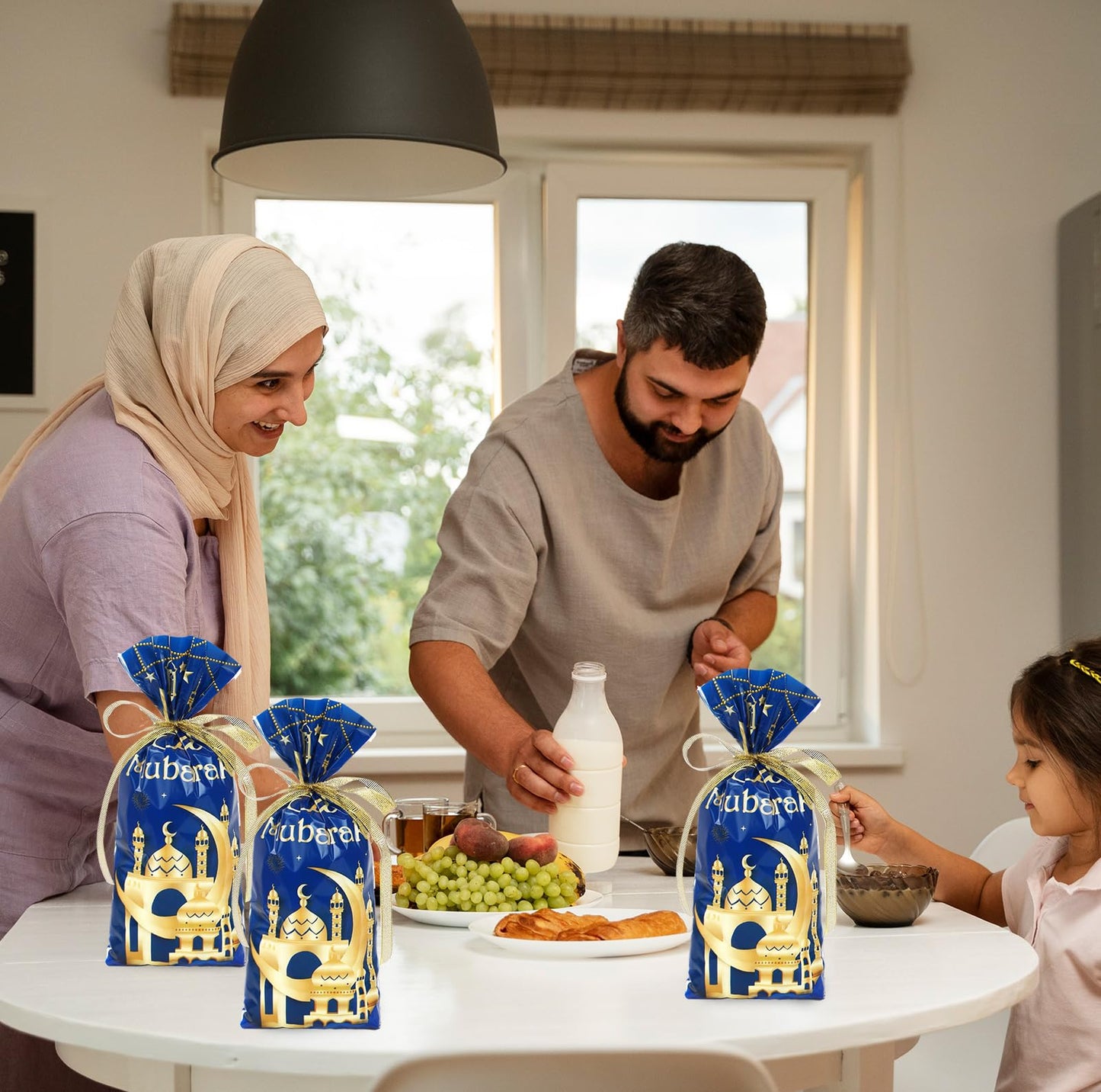 Whaline 100 Pcs Eid Mubarak Cellophane Bags with Ribbon Ramadan Plastic Treat Bags Blue Gold Candy Goodie Bags for Islamic Muslim Party Snack Cookie Packing Supplies
