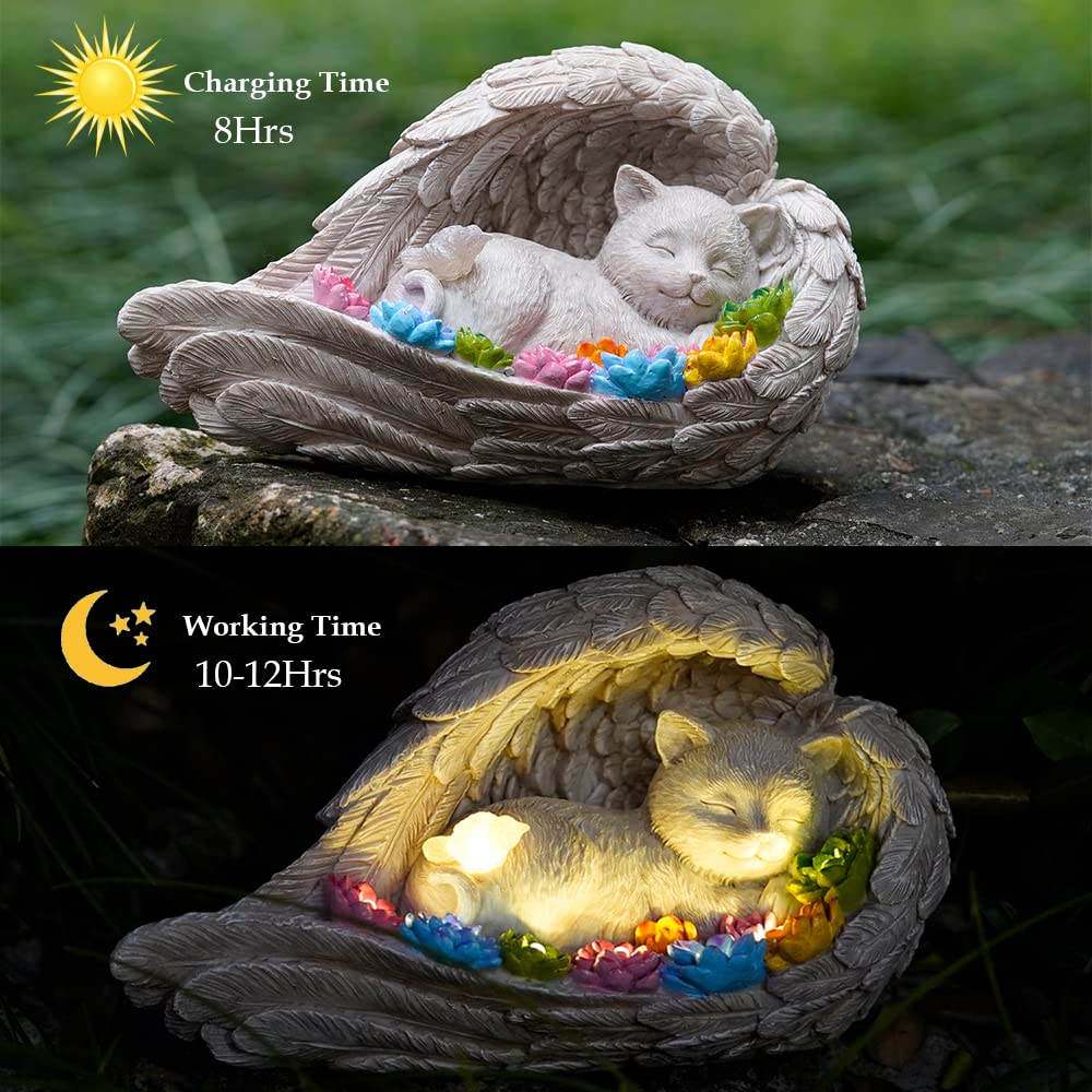 Cat Memorial Stone,Solar Angel Cat Statue Figurine - Pet Memorial Stone for Garden or Tombstone Commemoration (cat)