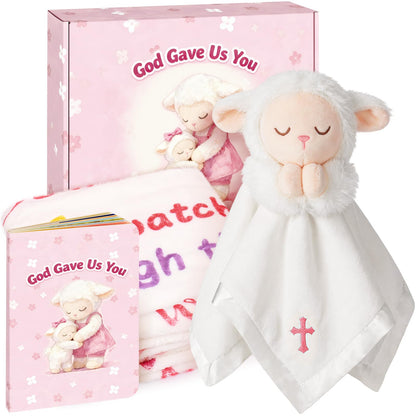 Baptism Gifts for Girl, Loveys for Babies Lamb Security Blanket, Plush Lamb Lovey with Cross Embroidery, Christening Gift Set with Baby Blanket & First Prayer Book