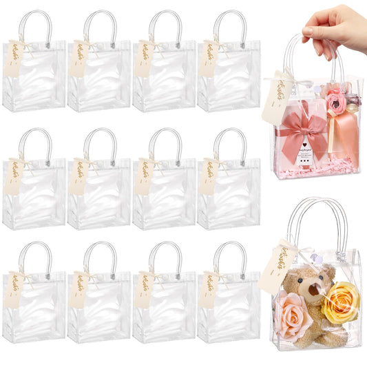 HairChrysm 12 Pack Clear Gift Bags with Handles, 5.1" L x 2.75" W x 5.9" H - Small Plastic Party Favors Bags for Wedding Birthday Baby Shower Includes Gift Tags & Ribbon Candy Tote Goodie Bag Bulk