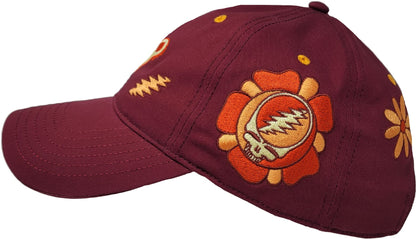 Grateful Dead Retro Floral Icons Embroidered Structured Adjustable Adult Unisex Vintage Maroon Dad Hat