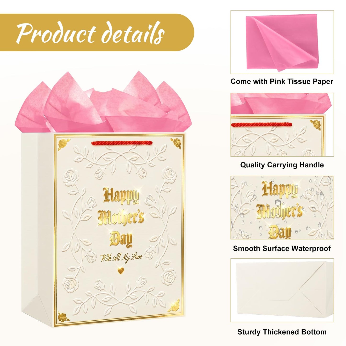 D4DREAM Mothers Day Gift Bag - 11.5'' Medium Happy Mother's Day Paper Gift Bag with Tissue Paper and Handles Elegant Embossed Rose Gift Wrap Bag for Mom Nana Grandma Wife Sister