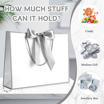 JMANNI Gift Bags with Handles, 13” Medium Gift Bag for Presents, 1 Pcs Bags with 2 Tissue Paper and 1 Cards for Baby Shower Wedding Bridal Shower Mother's Day Birthday Party (Silver)