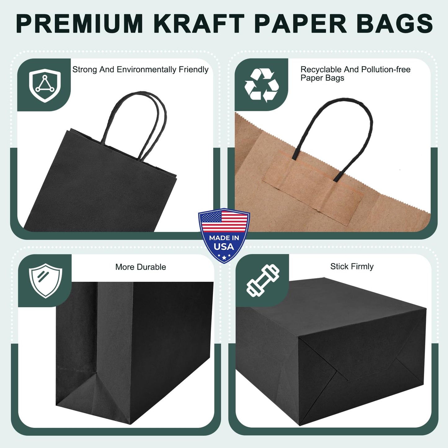 METRONIC Black Paper Gift Bags 8x4.25x10.5 Inches 100 Pack, Medium Kraft Shopping Bag with Handles for Business, Boutique, Party Favors, Retail Stores, Gift Wrap Bulk