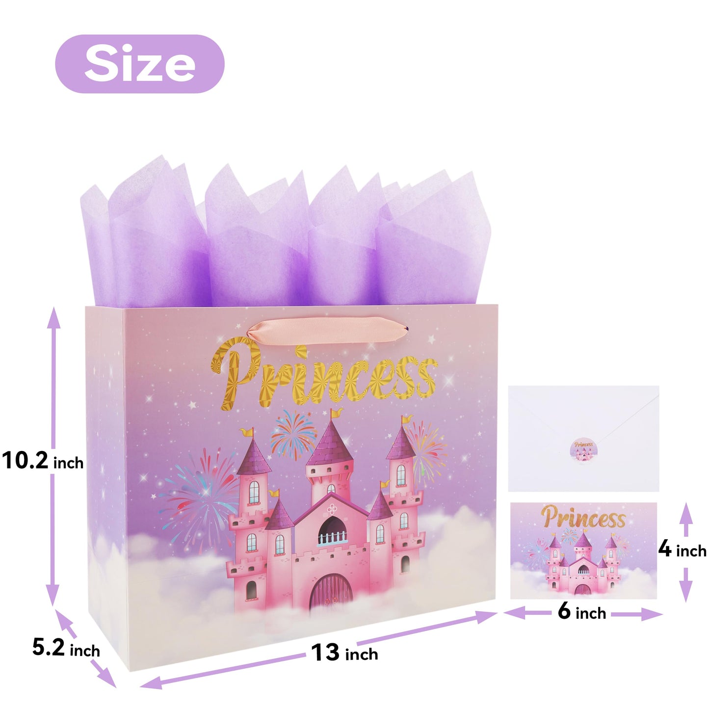 wishinside 13'' Large Princess Gift Bag Set with Handles, Greeting Card, Purple Tissue Papers and Stickers for Women Girls Kids Teens for Birthday Party, Wedding, Anniversary, Castle Design, 1 Pcs
