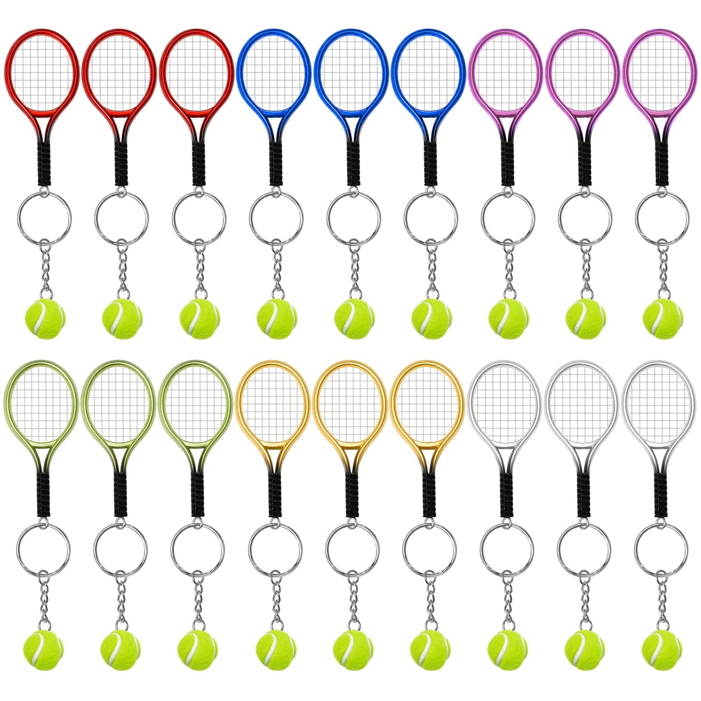 AUHOKY 18/6Pcs Mini Tennis Racket Keychain Key Ring, Fashionable Alloy Tennis Ball Split Ring for Sport Lovers Team(6 Colors)