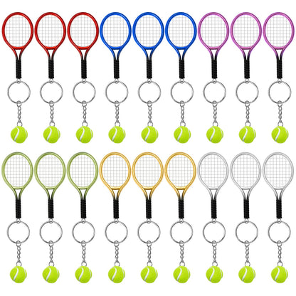 AUHOKY 18/6Pcs Mini Tennis Racket Keychain Key Ring, Fashionable Alloy Tennis Ball Split Ring for Sport Lovers Team(6 Colors)
