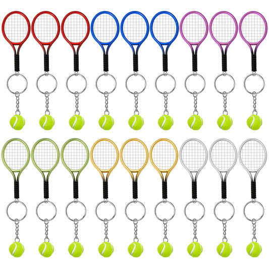 AUHOKY 18/6Pcs Mini Tennis Racket Keychain Key Ring, Fashionable Alloy Tennis Ball Split Ring for Sport Lovers Team(6 Colors)
