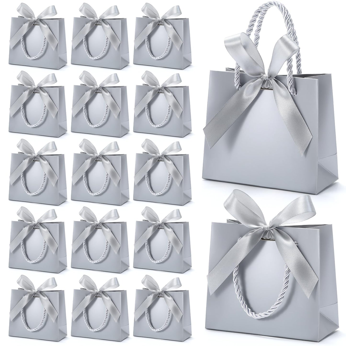 EQOREIIN 50 Pack Small Gift Bags with Handles,Silver Mini Bag,5.5x 2.5x4.7 Inches Small Thank You Gift Bags Bulk with Ribbon for Party Favors,Mother's Day, Goodie, Weddings,Baby Shower(Silver)