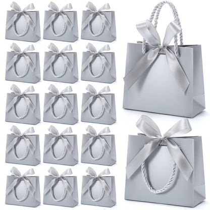 EQOREIIN 50 Pack Small Gift Bags with Handles,Silver Mini Bag,5.5x 2.5x4.7 Inches Small Thank You Gift Bags Bulk with Ribbon for Party Favors,Mother's Day, Goodie, Weddings,Baby Shower(Silver)