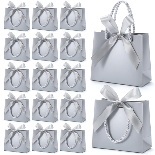 EQOREIIN 50 Pack Small Gift Bags with Handles,Silver Mini Bag,5.5x 2.5x4.7 Inches Small Thank You Gift Bags Bulk with Ribbon for Party Favors,Mother's Day, Goodie, Weddings,Baby Shower(Silver)