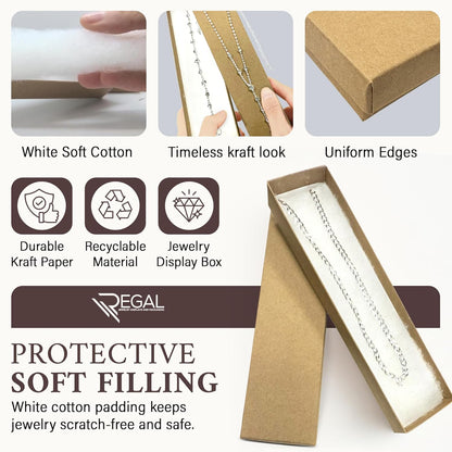 RJ Displays 6 Pack Cotton Brown Kraft Color paper Cardboard Jewelry Boxes for Bracelets, Necklace boxes, Watch & Small Gifts box, Jewelry Gift Boxes Size 8" x 2" x 1" Inch -(Brown Kraft)