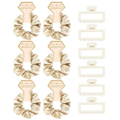 Bridesmaid Proposal Gifts, 12 PCS Bridesmaids Silk Hair Scrunchies & Pearl Hair Clips Set for Women Bachelorette Party Favors Bridal Shower Favors Bridesmaids Gifts for Wedding Day (Champagne Gold)