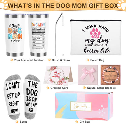 Dog Mom Dog Lover Gifts for Women, 20oz Wine Tumbler Set with Makeup Bag & Natural Stone Paw Bracelets & Socks for Women - Perfect for Birthdays, Mothers Day & Christmas