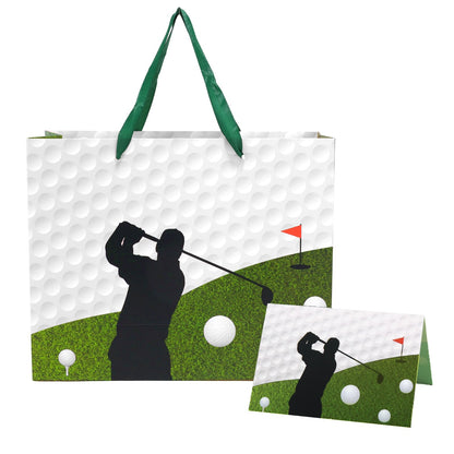 Golf Birthday Gift Bag, Golf Themed Green Gift Wrapping Bag with Tissue Paper and Greeting Card for Men Kids Sports Themed Birthday Party Decor Supplies