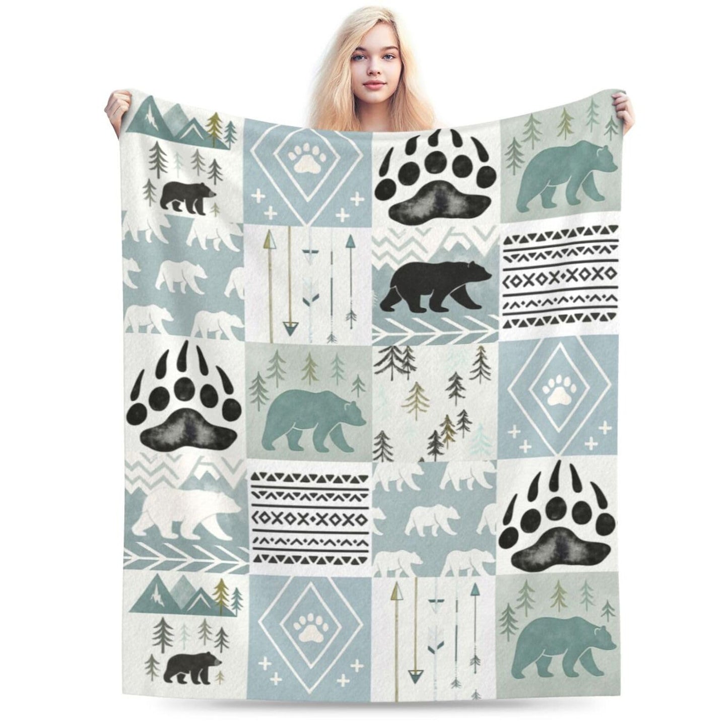 Bear Blanket Super Soft Warm Fluffy Fleece Flannel Forest Animal Throw Blanket Cozy Fuzzy Plush Stuff Bedding Blue Blankets Gifts for Women Kids Boys Girls Adults 50"X40"