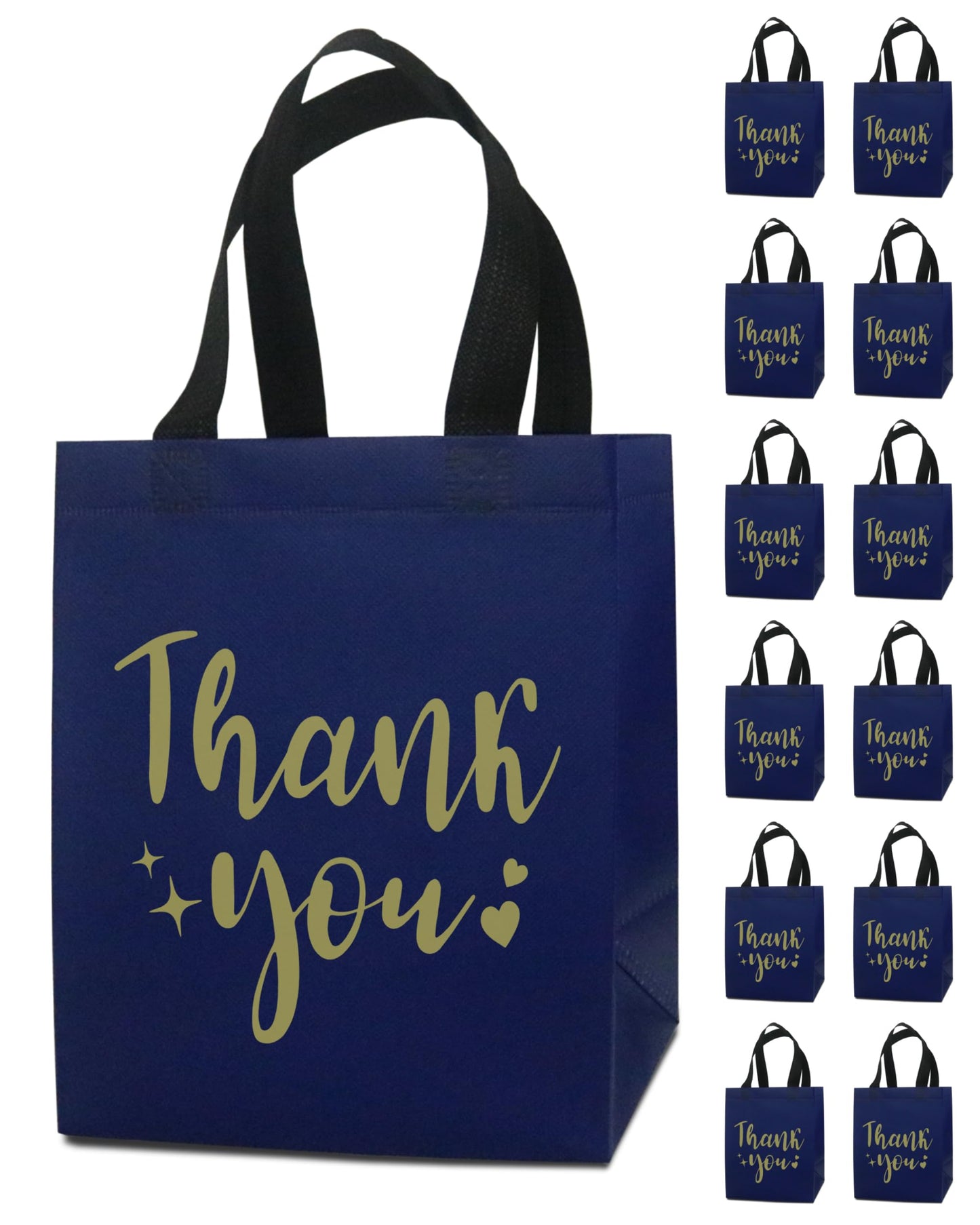 12 Navy Blue Thank You Gift Bags - Sturdy, Reusable, Medium 8x5x10 with Handles, Non-Woven for Weddings, Teachers, Father's Day, Parties, Birthdays & Graduations