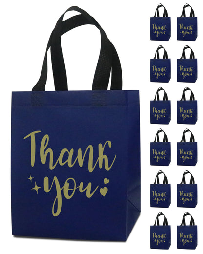 12 Navy Blue Thank You Gift Bags - Sturdy, Reusable, Medium 8x5x10 with Handles, Non-Woven for Weddings, Teachers, Father's Day, Parties, Birthdays & Graduations