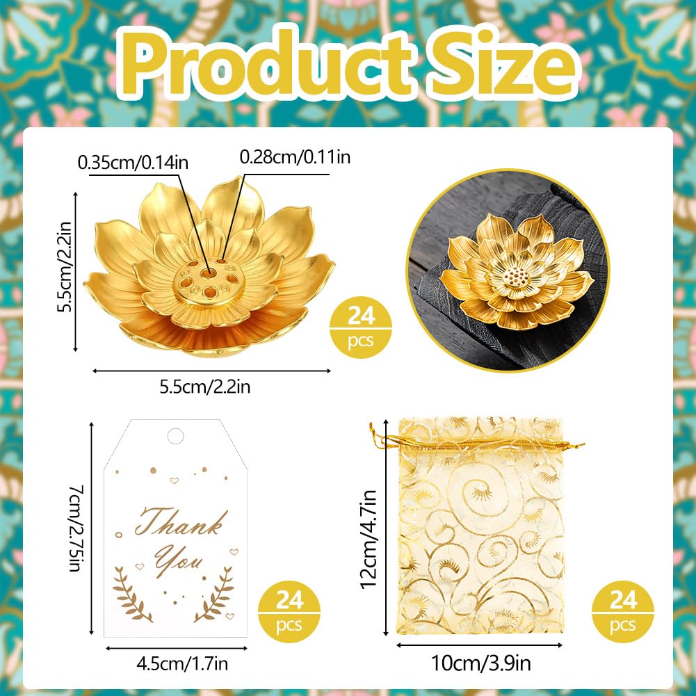 72 Pack Diwali Gifts Bulk, Lotus Incense Holder, Indian Return Gifts for Pooja Bulk, Gold Lotus Incense Sticks Holder with Organza Bags & Thank You Cards, Indian Return Gift (72 Pack)