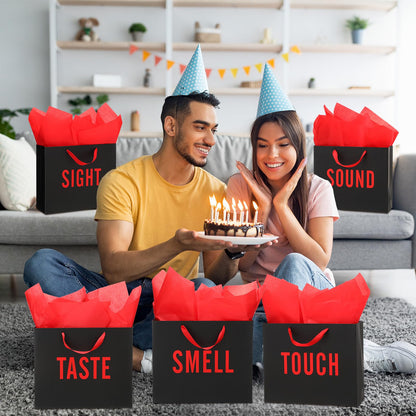 Kolldenn 5 Senses Gift Bags for Him and Her Five Senses Gift Bag with Ribbon Handles and Tissue Paper Present Wrappings for Valentine Wedding Birthday Mothers Day (Black Red,11.8 x 10 x 4 Inch)