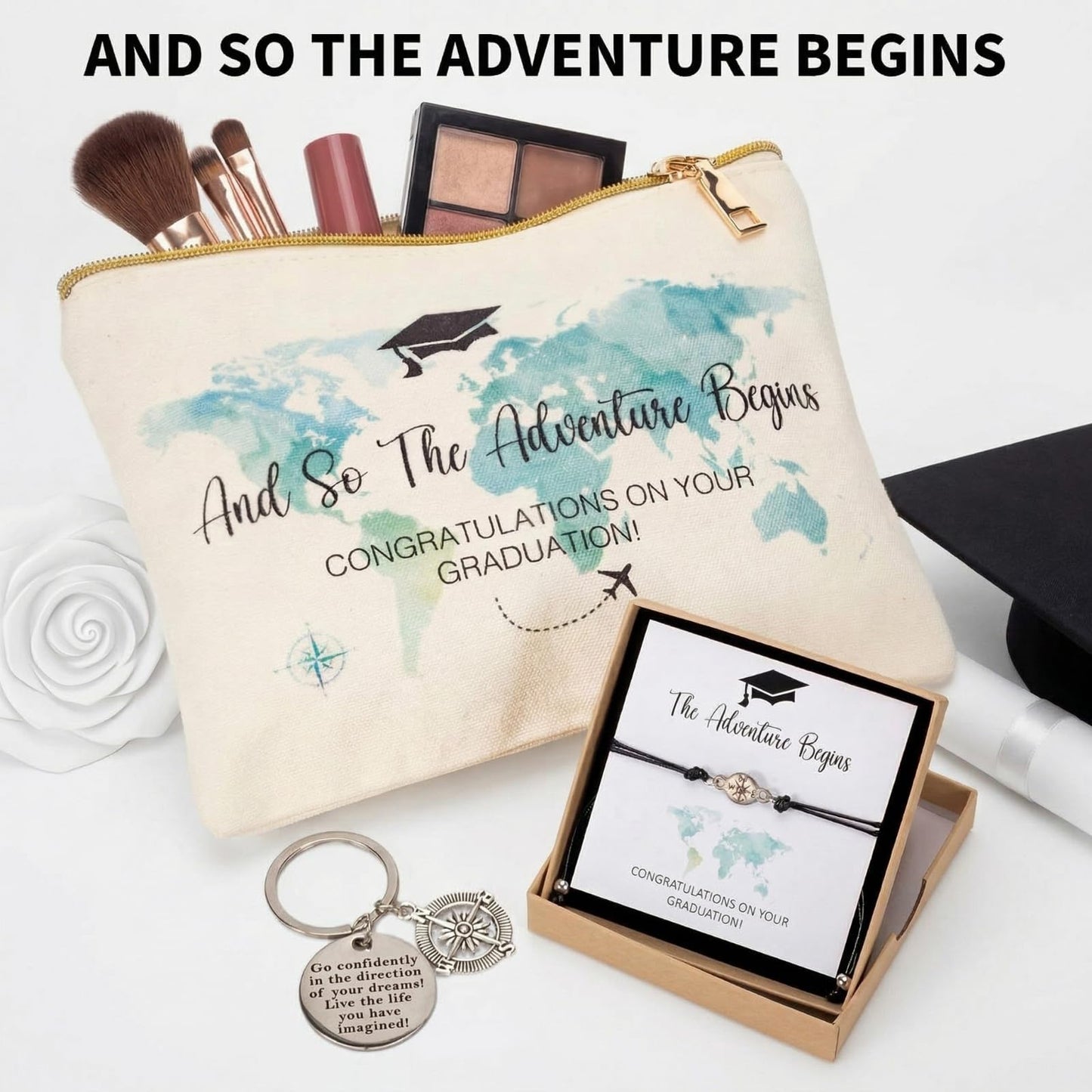 Zopeal Graduation Gift Basket for Her 2026,Graduation Gift Set with Glass Tumbler,Makeup Bag,Candle,Socks,Bracelet,Keychain,Card,College Grad Gifts for Her Women Daughter Granddaughter(White)
