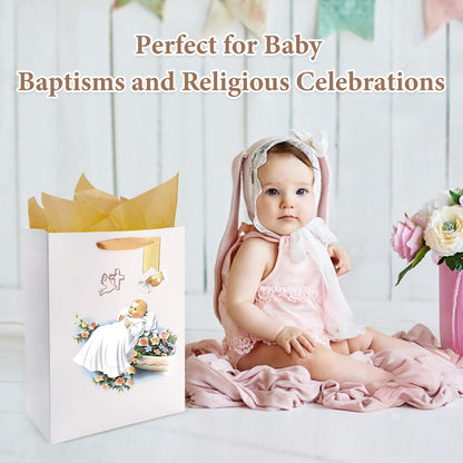 reviamz White Gift Bag Holy Spirit Design with Tissue Paper for Baby Boy and Girl Baptisms,Christenings,Baby Shower,First Communions Dedication Gifts for Religious Catholic Occasion- 10" x 5" x 13"