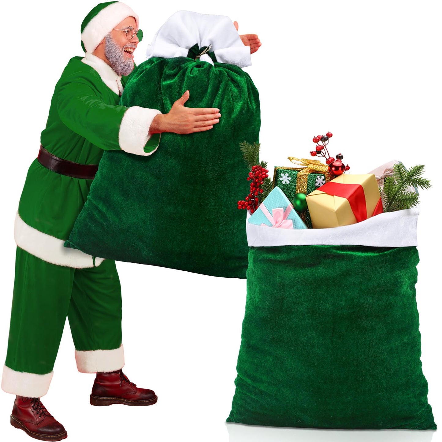 Shappy 2 Pcs Christmas Velvet Santa Gifts Bags 20 x 28 Inch Large Santa Gift Sack with Drawstring Christmas Gift Presents Bags for Xmas Present Toys Holiday Party Supplies(Green)