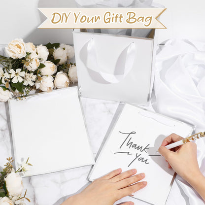 Yeaqee 50 Pack Metallic Gift Bags with Handle and Tissue Paper Gold Foil Thank You Bag for Graduation Wedding Groomsmen Bridal Baby Shower Gifts Holiday Party Favors 9x7x3.15'' (White Silver)