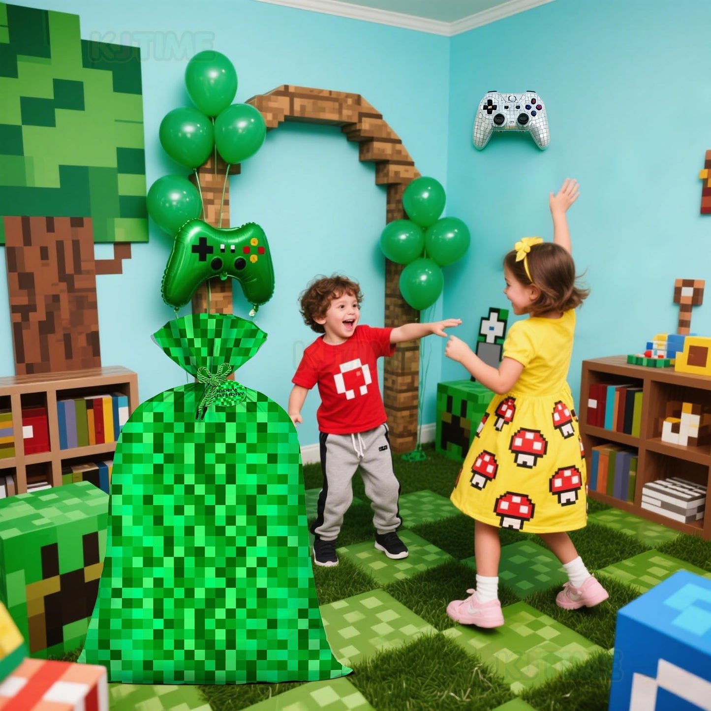 Jumbo Large Plastic Gift Bag Green Pixel Party Favor Bags for Boys 56''x36'' Video Game Kids Birthday Decorations Miner Theme Christmas Party Supplies