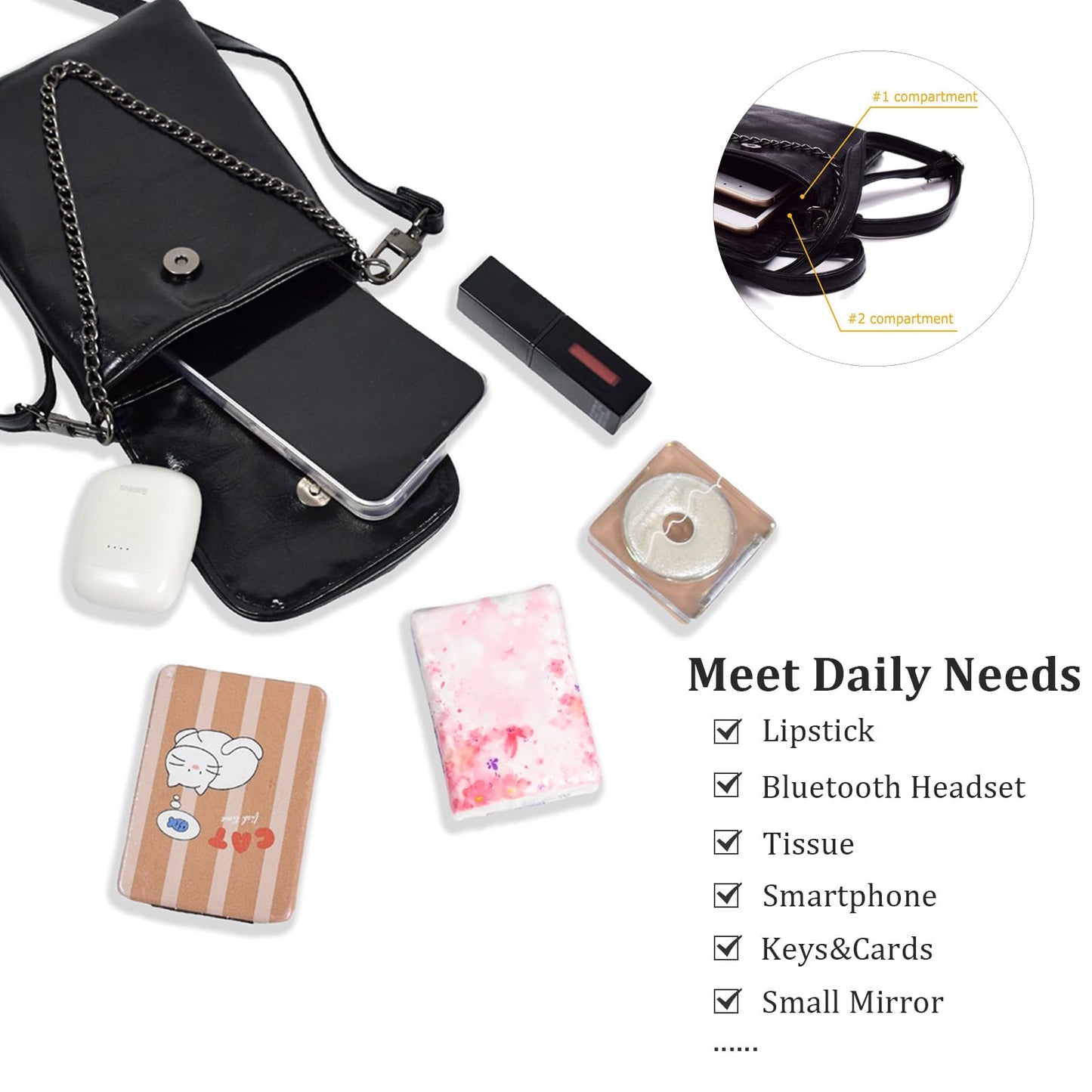 WITERY Small Crossbody Bag for Women Goth Bag Cell Phone Purse PU Leather Gothic Purse Mini Concert Shoulder Travel Purse with Chain