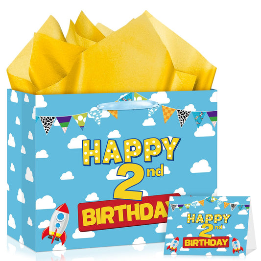 TagreSpike Cartoon Story 2nd Birthday Gift Bag with Tissue Papers and Card, Blue Sky White Clouds 2nd Birthday Gift Wrapping Paper Bag for Kids Story Theme 2 Years Old Party Favors Decorations